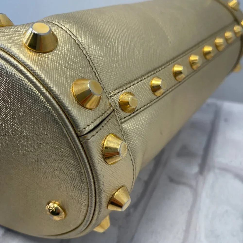 Prada Metallic Gold Saffiano Leather Vernice Studded Bucket Bag - Preowned